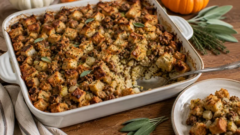 Homemade brown butter sage stuffing with sausage, golden crispy bread cubes and fresh herbs baked in a casserole dish for Thanksgiving.