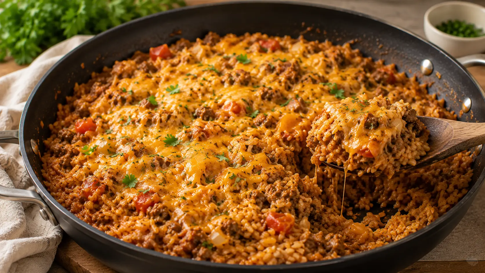 Easy Cheesy Ground Beef and Rice Skillet