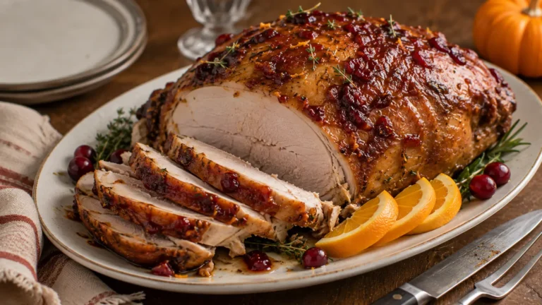 Roasted Cranberry Orange Glazed Turkey Breast with golden skin, juicy carved white meat and a sweet-tart cranberry maple glaze for Thanksgiving.