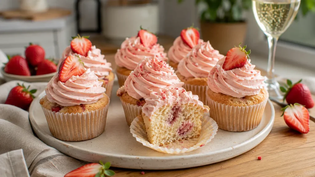 Strawberry champagne cupcakes topped with pale pink rosé buttercream and fresh strawberries, with one cupcake cut open to show the soft strawberry-filled crumb.