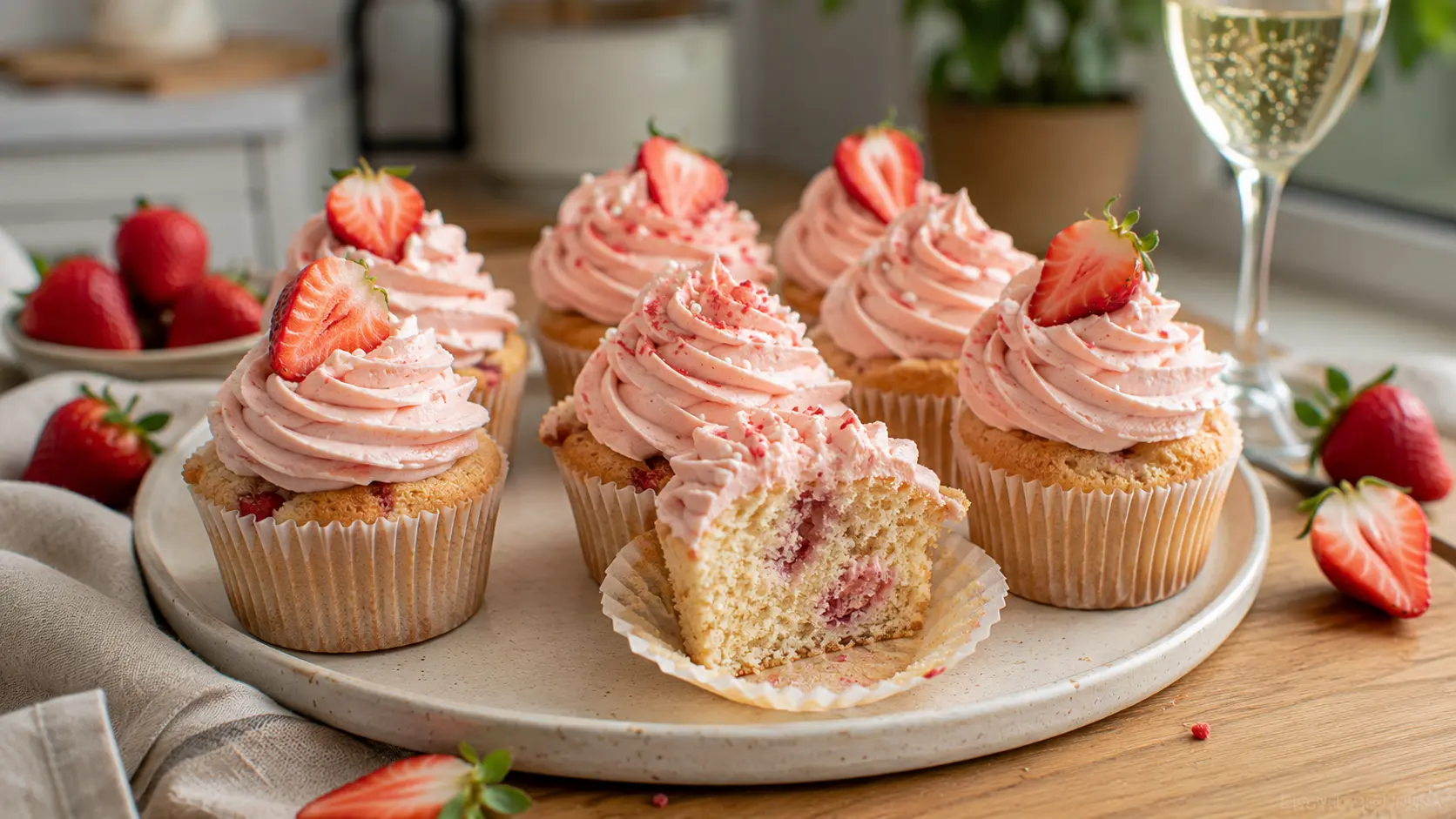 Strawberry champagne cupcakes topped with pale pink rosé buttercream and fresh strawberries, with one cupcake cut open to show the soft strawberry-filled crumb.