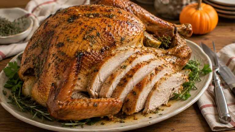 Whole lighter garlic herb butter roasted turkey with golden skin, fresh herbs and juicy carved breast meat for Thanksgiving.