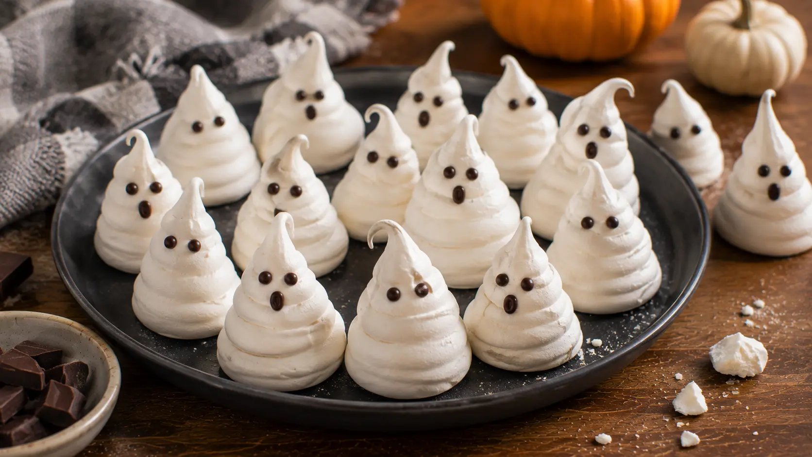 Homemade ghost meringue cookies with crisp white piped bodies and simple chocolate faces arranged for an easy Halloween treat.