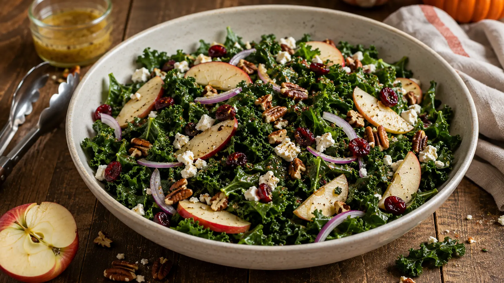 Cozy harvest kale and apple salad with dried cranberries, toasted pecans, feta, red onion and maple-Dijon vinaigrette.