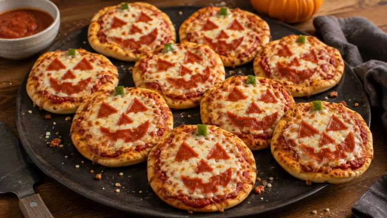 Homemade Halloween Jack-O’-Lantern Pizza Bites with melted mozzarella, pepperoni pumpkin faces and golden mini pizza crusts.