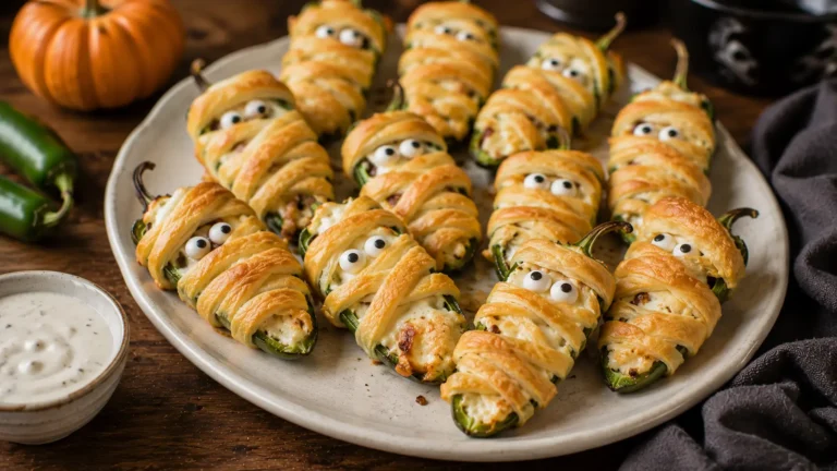 Homemade jalapeño popper mummies filled with creamy cheese, wrapped in golden crescent-roll bandages and finished with edible candy eyes.