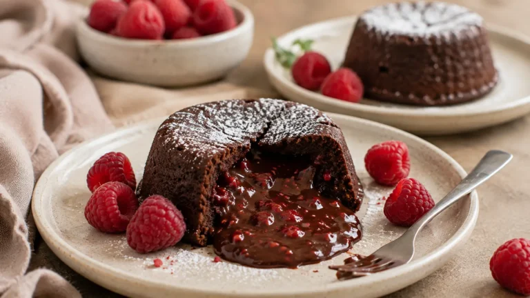 Lighter raspberry chocolate lava cakes for two with one cake cut open to reveal a warm molten dark chocolate and raspberry center.