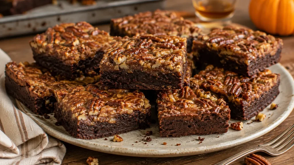 Homemade Maple Bourbon Pecan Pie Brownies with a fudgy chocolate base and sticky maple pecan topping for Thanksgiving.