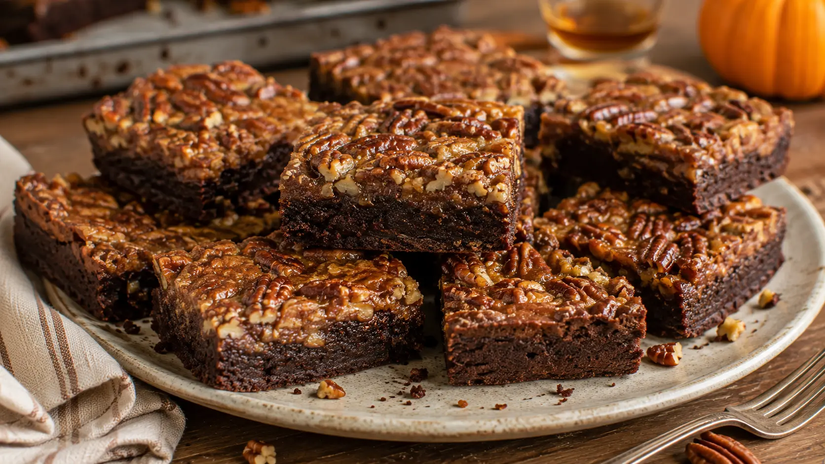 Homemade Maple Bourbon Pecan Pie Brownies with a fudgy chocolate base and sticky maple pecan topping for Thanksgiving.