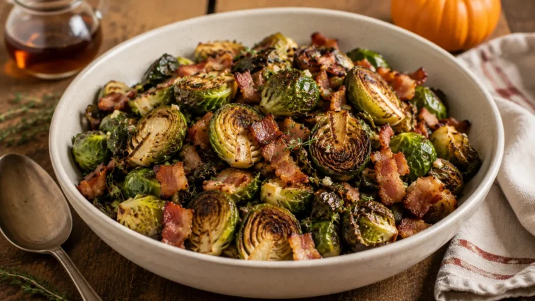 Crispy maple roasted Brussels sprouts with bacon, caramelized edges, fresh thyme and a light maple-Dijon glaze.