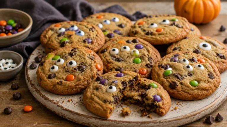 Soft and chewy Halloween monster cookies with chocolate chips, colorful candy pieces and playful edible candy eyes.