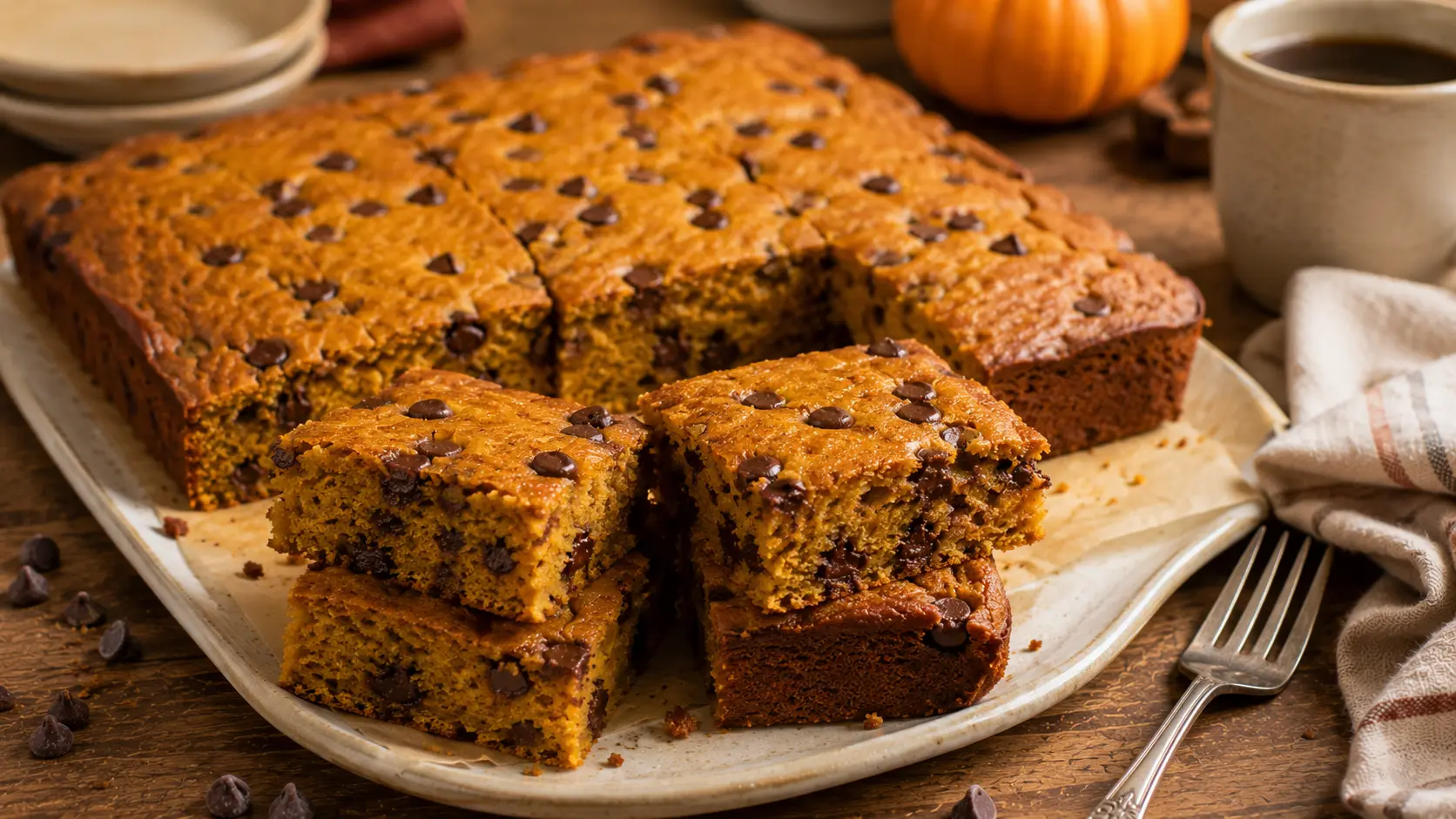 Easy spiced pumpkin chocolate chip snack cake cut into moist squares with semi-sweet chocolate chips and warm fall spices.