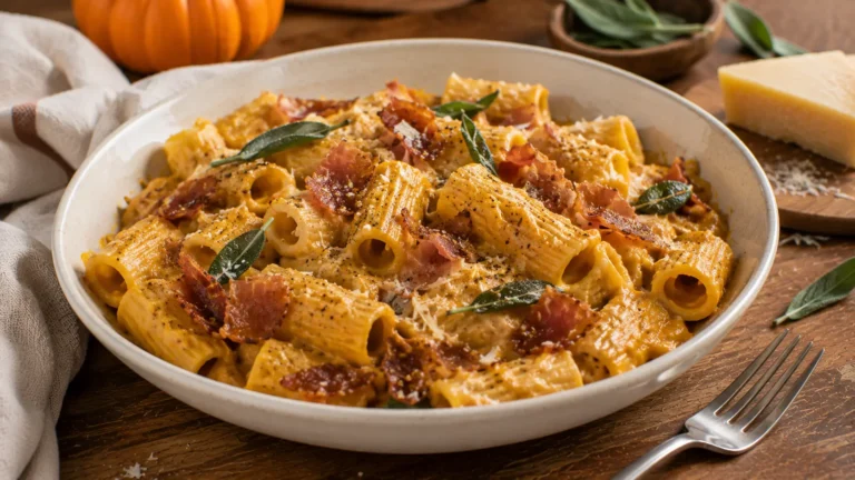 Creamy pumpkin sage rigatoni topped with crispy prosciutto, Parmesan, fresh sage and black pepper for a cozy fall dinner