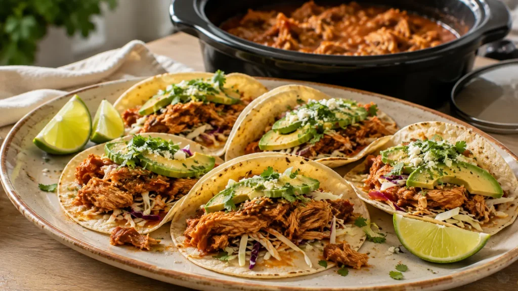 Slow cooker salsa chicken tacos filled with juicy shredded chicken, cabbage, avocado, cilantro, and fresh lime in warm corn tortillas.