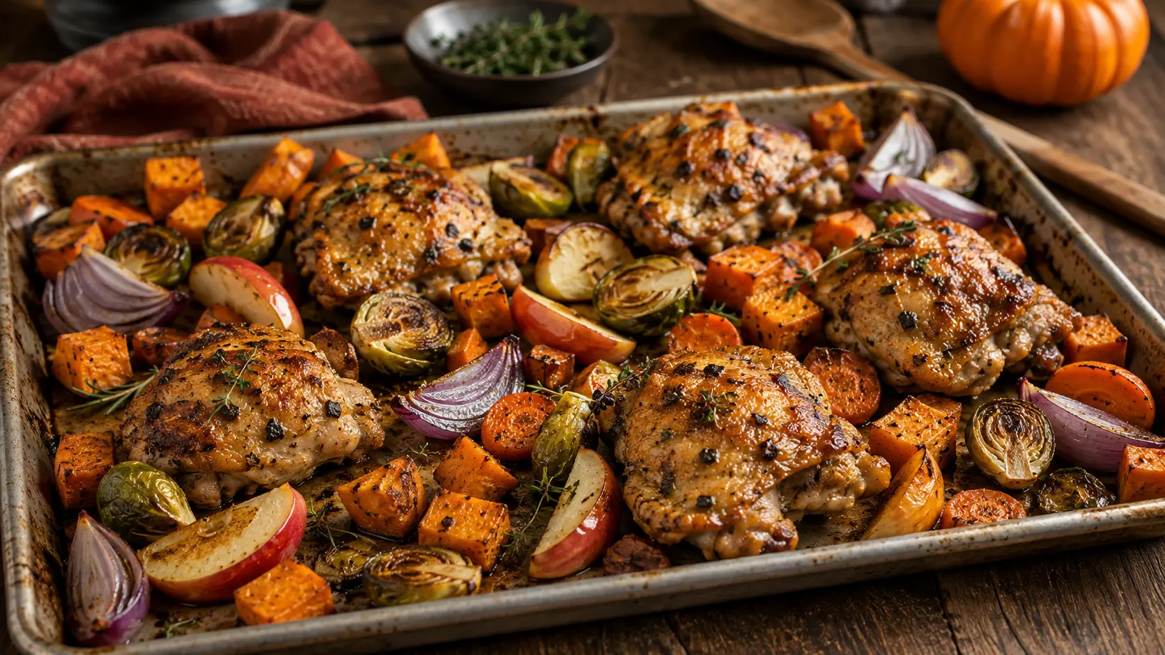 Easy fall sheet pan chicken with roasted sweet potatoes, Brussels sprouts, carrots, red onion and apple in a maple-Dijon herb seasoning.