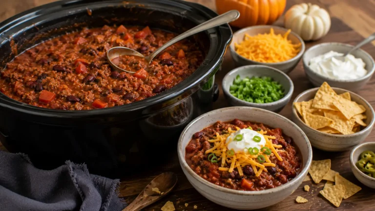 Kid-friendly slow cooker beef chili with kidney beans, black beans and tomatoes served with cheese and sour cream for a Halloween potluck.