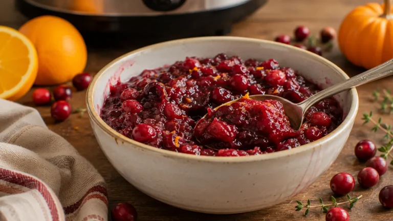 Homemade slow cooker cranberry sauce with orange zest, maple syrup and rustic whole cranberry pieces for Thanksgiving.