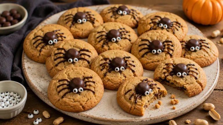 Homemade peanut butter spider cookies with soft golden centers, round chocolate spider bodies, piped chocolate legs and edible candy eyes.