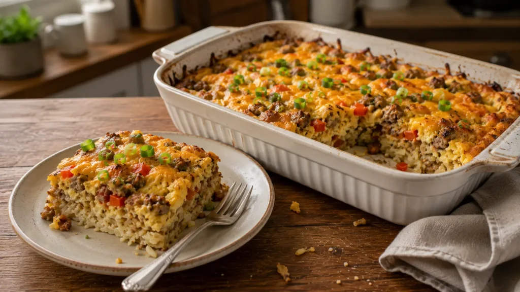 Hearty sausage and hashbrown breakfast bake with fluffy eggs, browned breakfast sausage, melted cheddar, red bell pepper, and green onions.