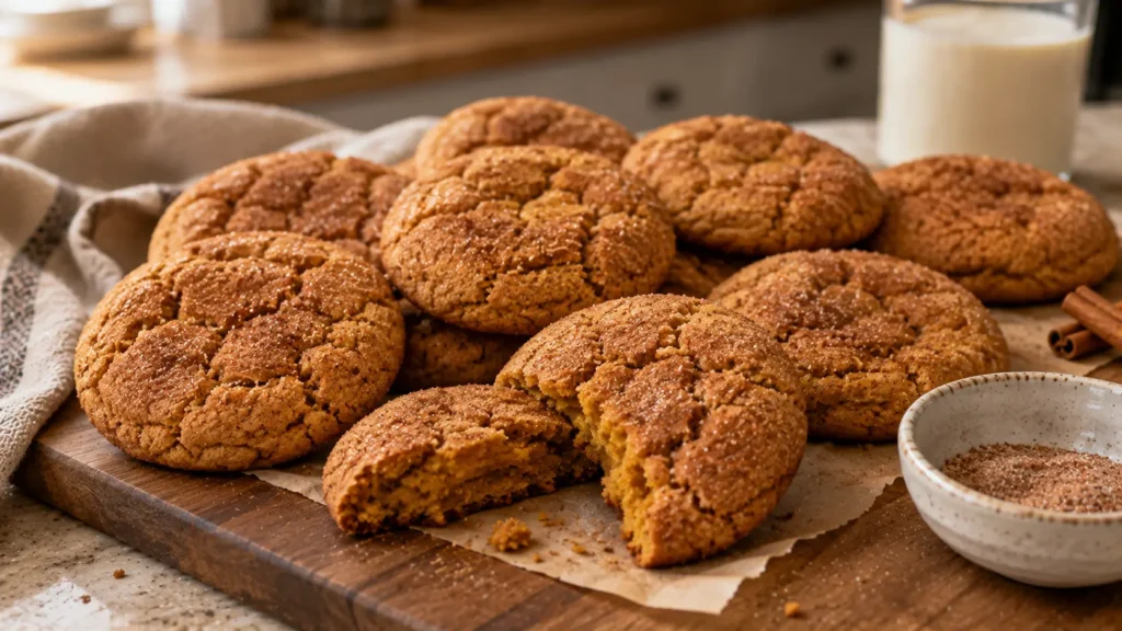 Soft and chewy brown butter pumpkin snickerdoodle cookies with rustic cinnamon-sugar coating and naturally crinkled tops.
