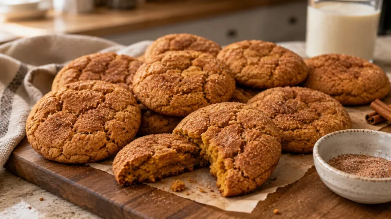 Soft and chewy brown butter pumpkin snickerdoodle cookies with rustic cinnamon-sugar coating and naturally crinkled tops.