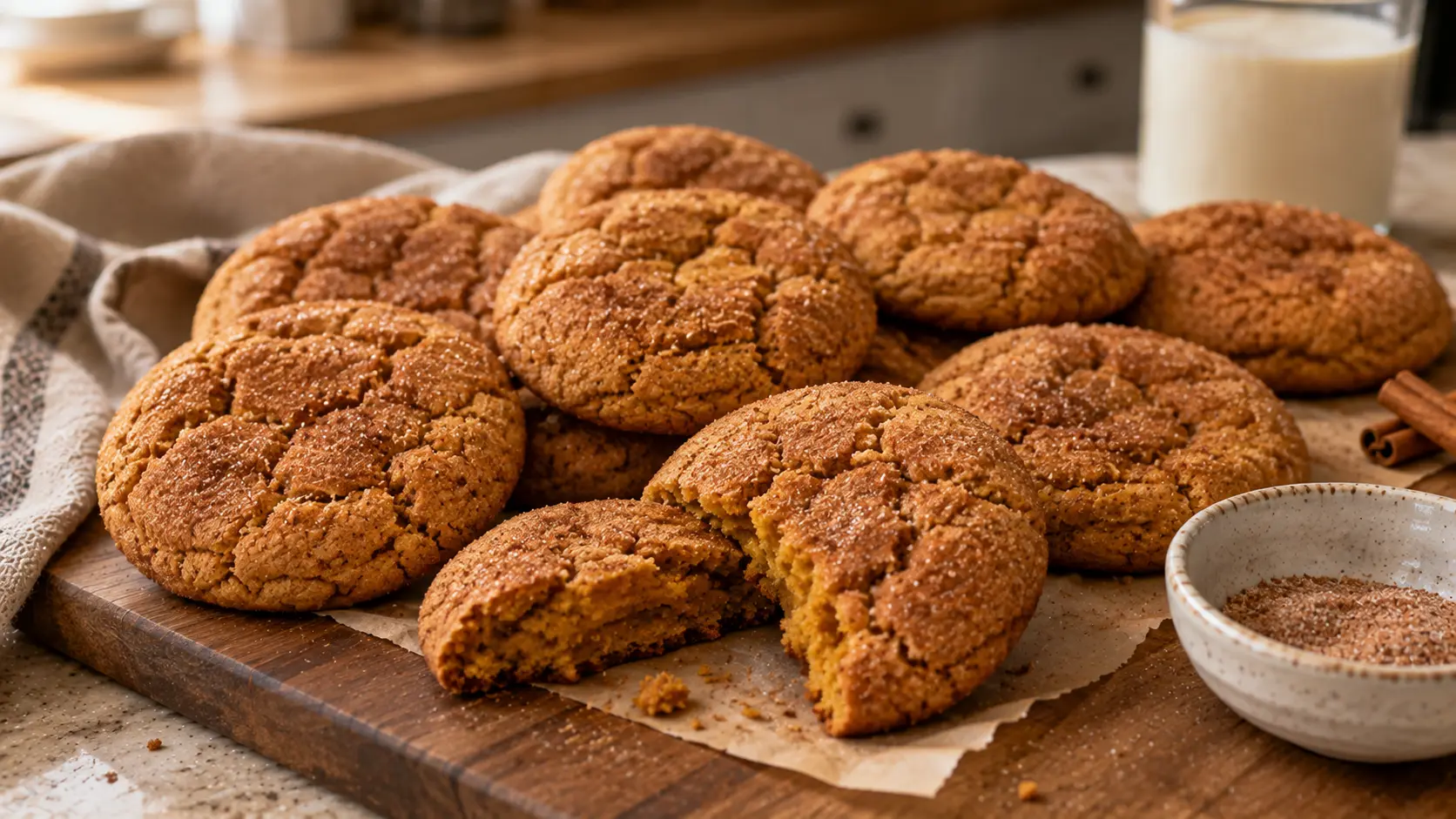Soft and chewy brown butter pumpkin snickerdoodle cookies with rustic cinnamon-sugar coating and naturally crinkled tops.