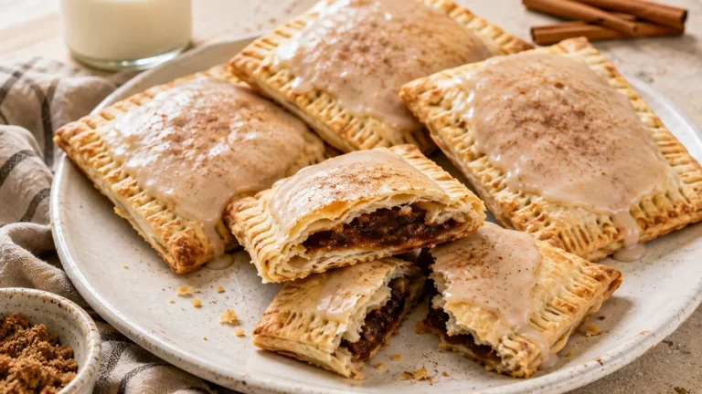 Homemade brown sugar cinnamon pop tarts with flaky golden pastry, cinnamon vanilla glaze, and one broken open to reveal the brown sugar filling.