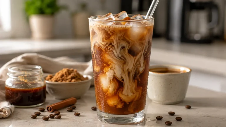 Brown sugar oat milk iced espresso with shaken espresso, creamy oat milk swirls, cinnamon and ice in a condensation-covered glass.