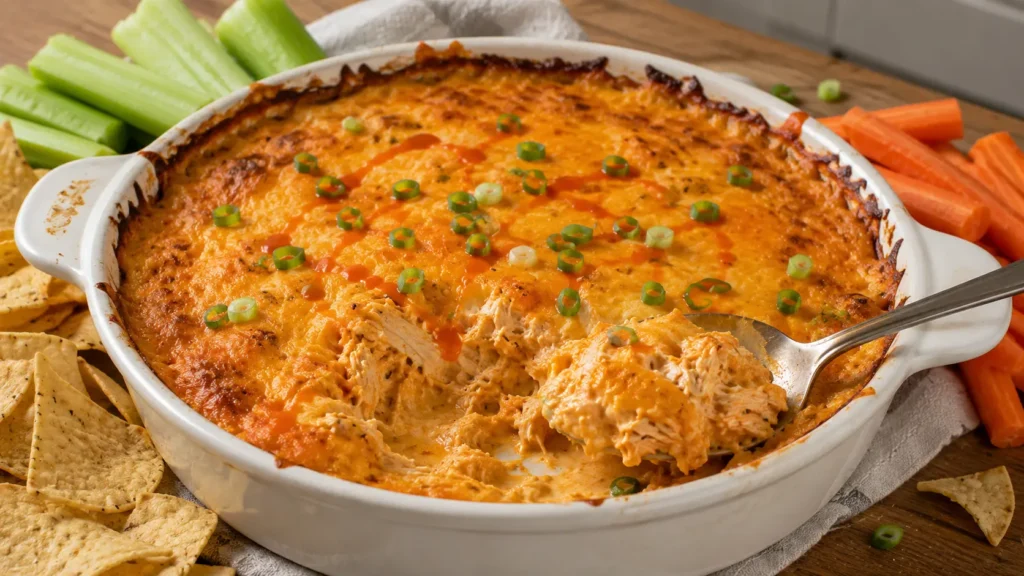 Lightened up buffalo chicken dip with shredded chicken, creamy buffalo filling and crispy golden cheddar cheese served warm with celery, carrots and tortilla chips.