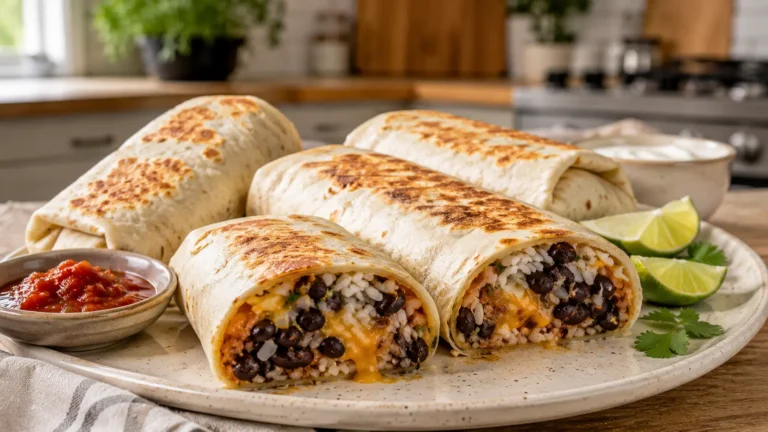 Homemade cheesy bean and rice burritos with toasted flour tortillas, seasoned black beans, fluffy rice and melted cheese.