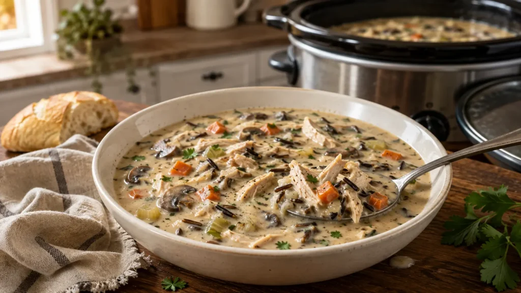Cozy crockpot chicken and wild rice soup with tender shredded chicken, wild rice, carrots, celery, mushrooms and creamy broth.
