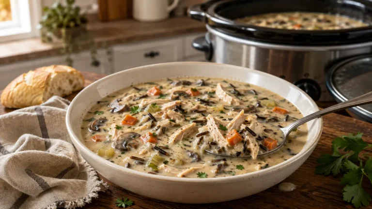 Cozy crockpot chicken and wild rice soup with tender shredded chicken, wild rice, carrots, celery, mushrooms and creamy broth.