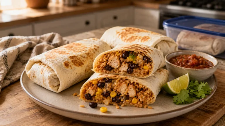 Homemade chicken and rice burritos filled with seasoned chicken, fluffy rice, black beans, corn and melted cheese for an easy freezer meal.