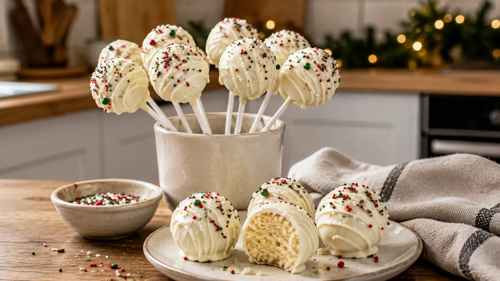 Easy Christmas cake pops with white coating, white chocolate drizzle, and festive red and green Christmas sprinkles.