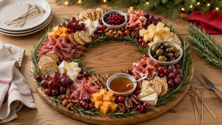 Christmas charcuterie wreath board with cheese, salami, prosciutto, crackers, grapes, olives, cranberries, nuts and fresh rosemary.