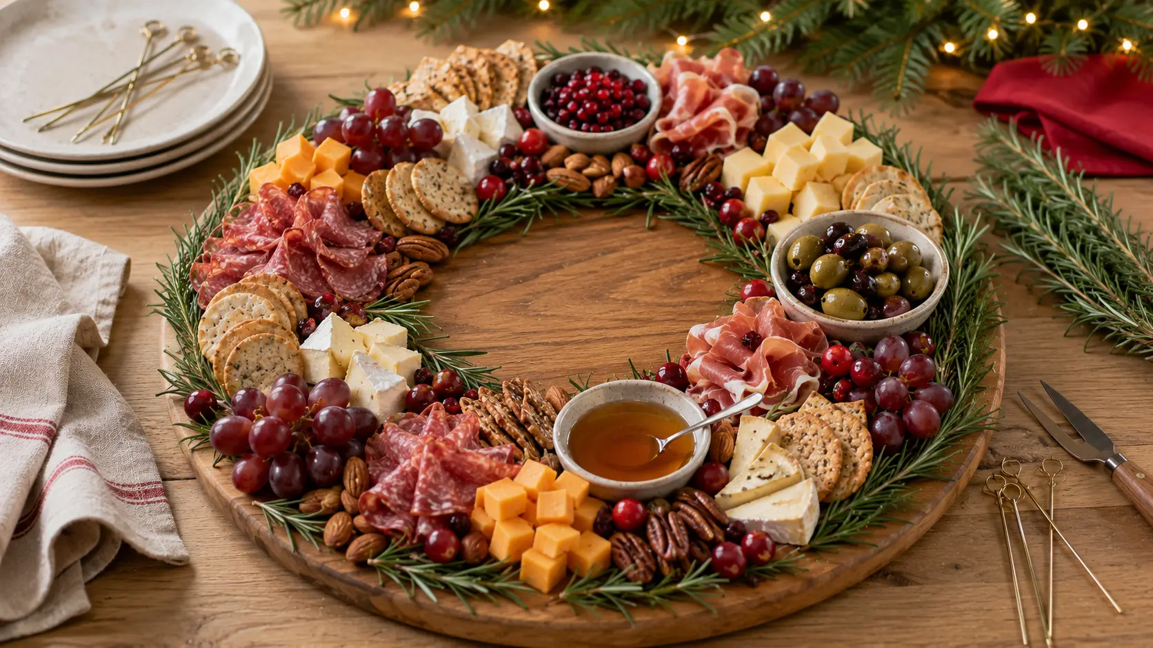 Christmas charcuterie wreath board with cheese, salami, prosciutto, crackers, grapes, olives, cranberries, nuts and fresh rosemary.