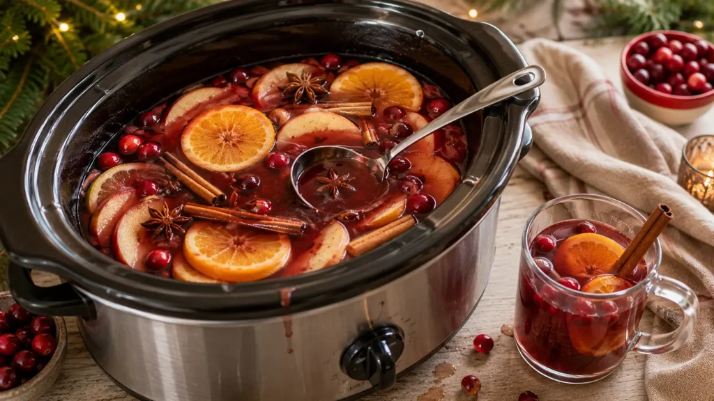 Slow cooker Christmas wassail punch with warm apple cider, cranberry, orange slices, cinnamon sticks and fresh cranberries served in a festive mug.