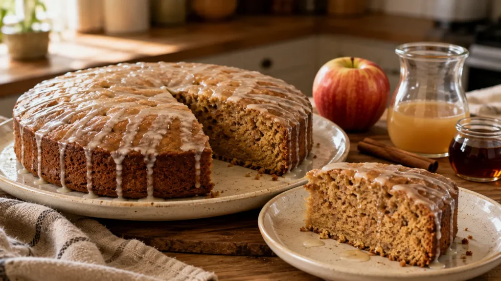 Wholesome cinnamon apple cider cake with a moist spiced crumb and thin homemade maple glaze for an easy fall dessert.