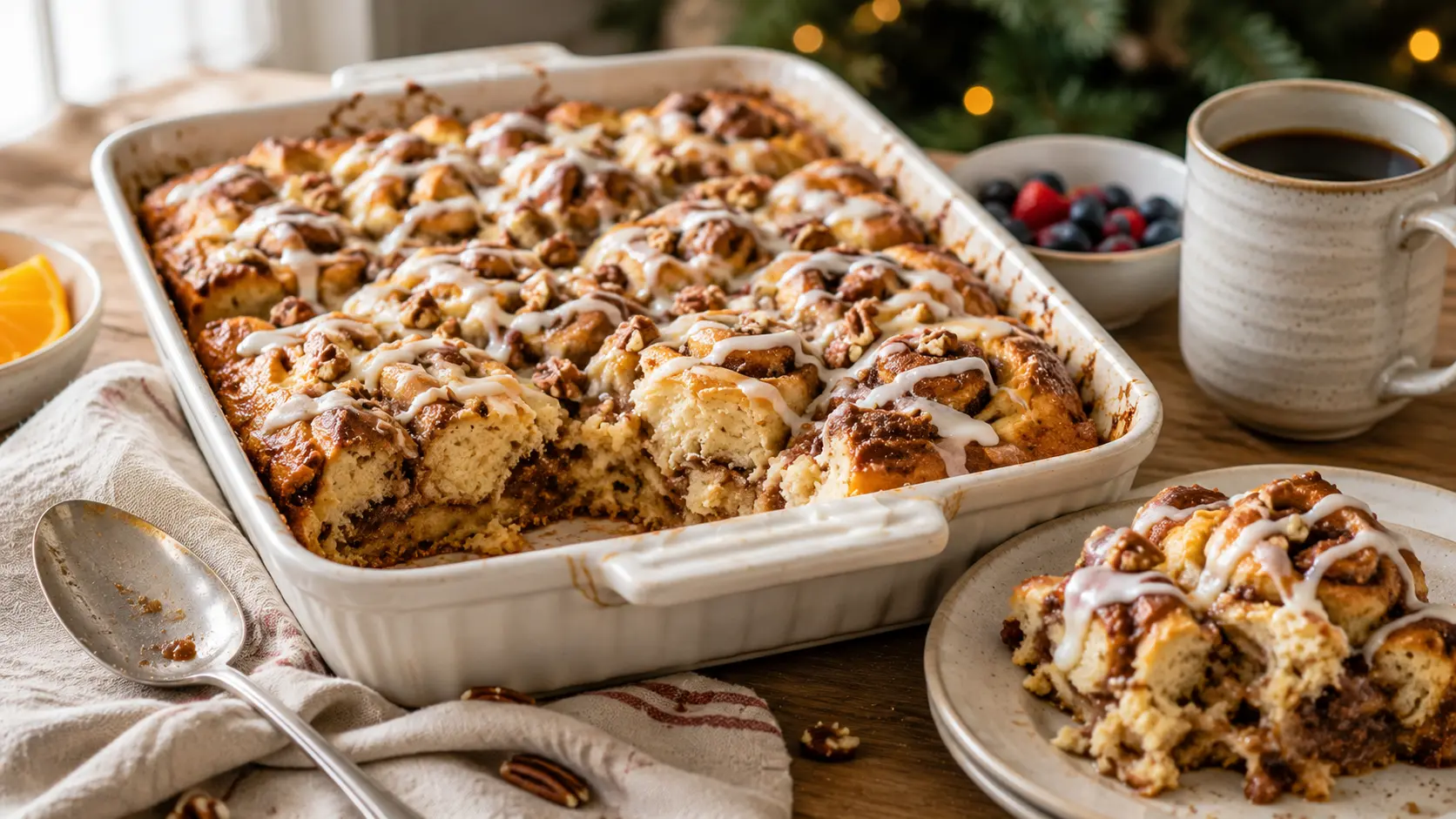 Quick Christmas morning cinnamon roll casserole with golden cinnamon roll pieces and sweet icing drizzle in a ceramic baking dish.