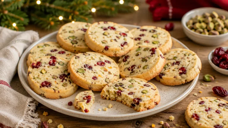 Cranberry pistachio shortbread cookies with buttery lightly golden edges, dried red cranberries, chopped green pistachios, and a crumbly shortbread center.