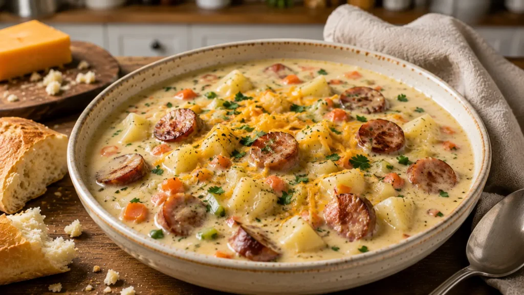 Creamy Kielbasa Potato Soup with browned smoked sausage, tender potatoes, carrots, cheddar, parsley, and a rich creamy broth.