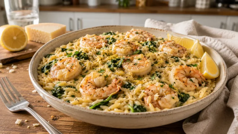Creamy lemon garlic shrimp orzo with juicy seared shrimp, spinach, Parmesan, fresh lemon, and parsley in a ceramic serving bowl.