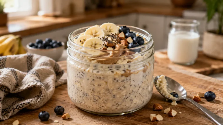 Creamy overnight oats with chia seeds and almond butter topped with banana, blueberries and chopped almonds.