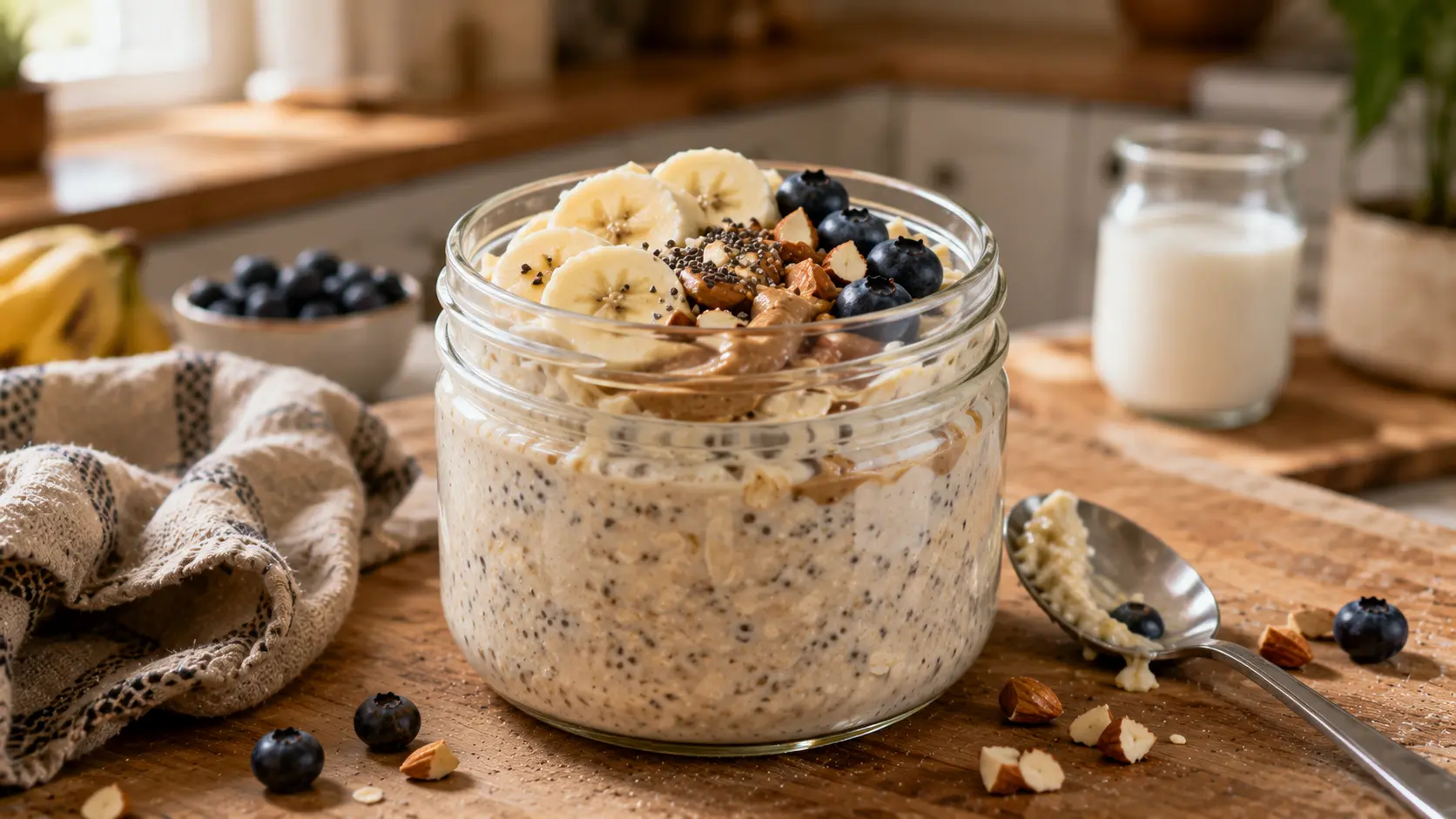 Creamy overnight oats with chia seeds and almond butter topped with banana, blueberries and chopped almonds.