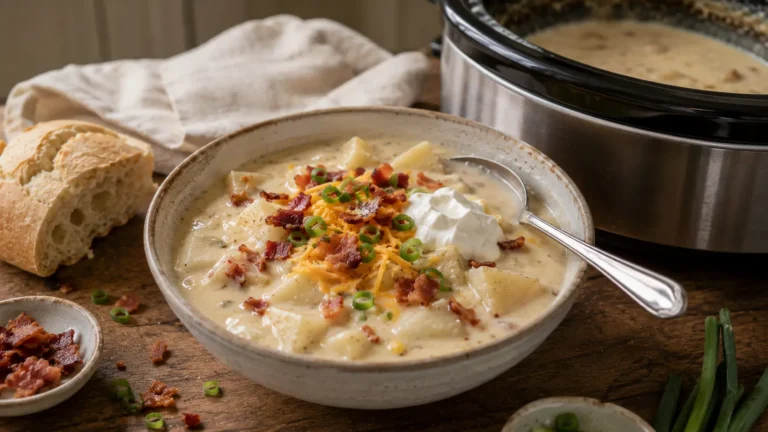 Creamy slow cooker potato soup with tender potato chunks, crispy bacon, cheddar, green onions and sour cream in a ceramic bowl.
