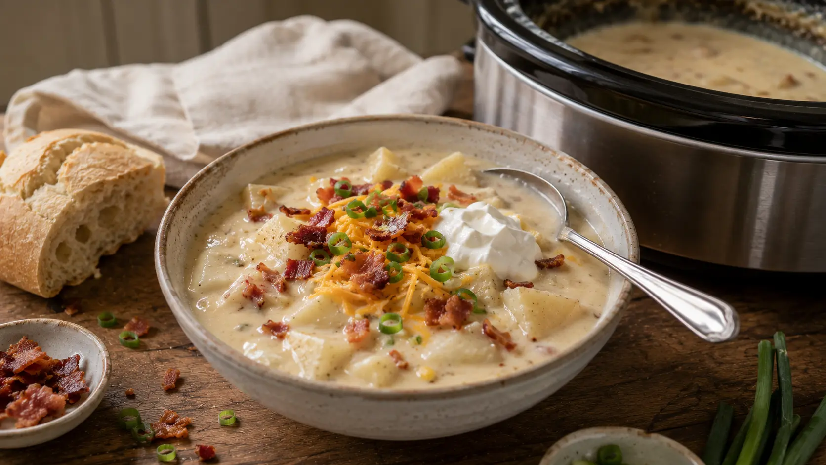 Creamy slow cooker potato soup with tender potato chunks, crispy bacon, cheddar, green onions and sour cream in a ceramic bowl.