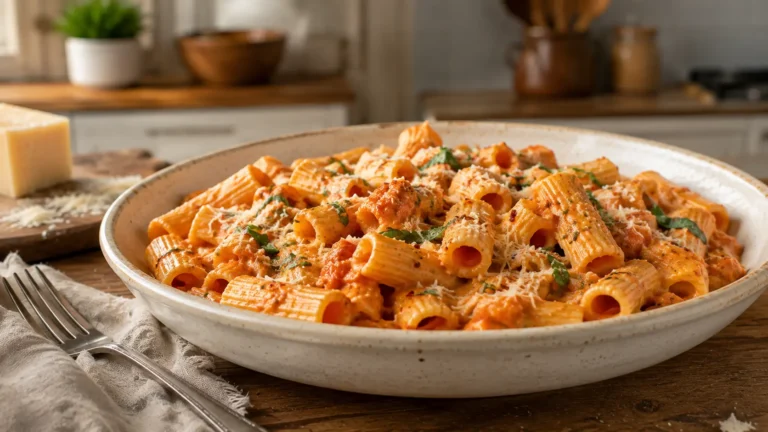 Creamy Tomato Garlic Pasta with rigatoni coated in a silky tomato cream sauce and finished with Parmesan and fresh basil.