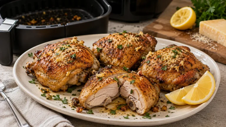 Crispy air fryer garlic Parmesan chicken thighs with golden skin, fresh parsley and a light garlic Parmesan butter finish.