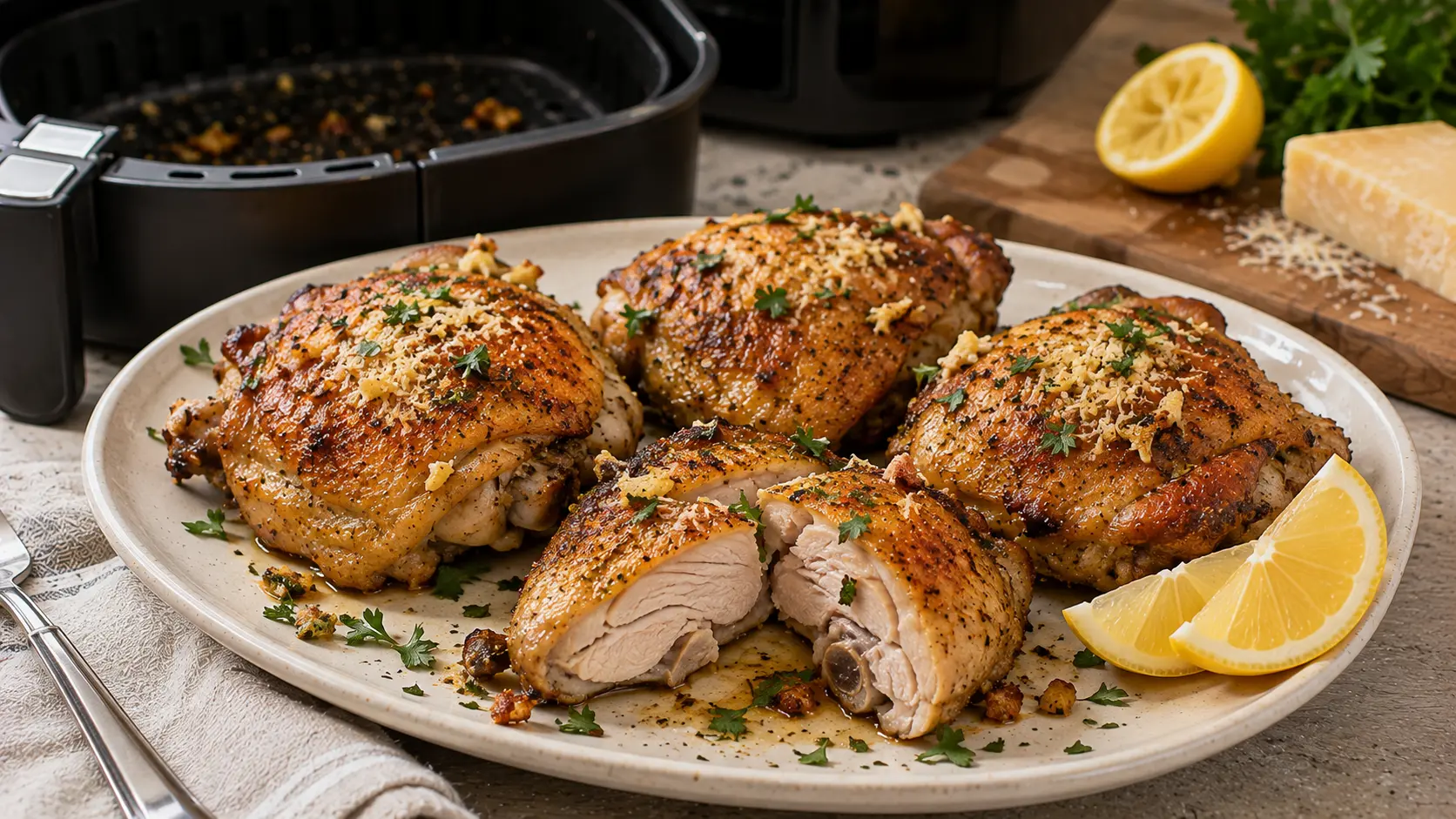 Crispy air fryer garlic Parmesan chicken thighs with golden skin, fresh parsley and a light garlic Parmesan butter finish.