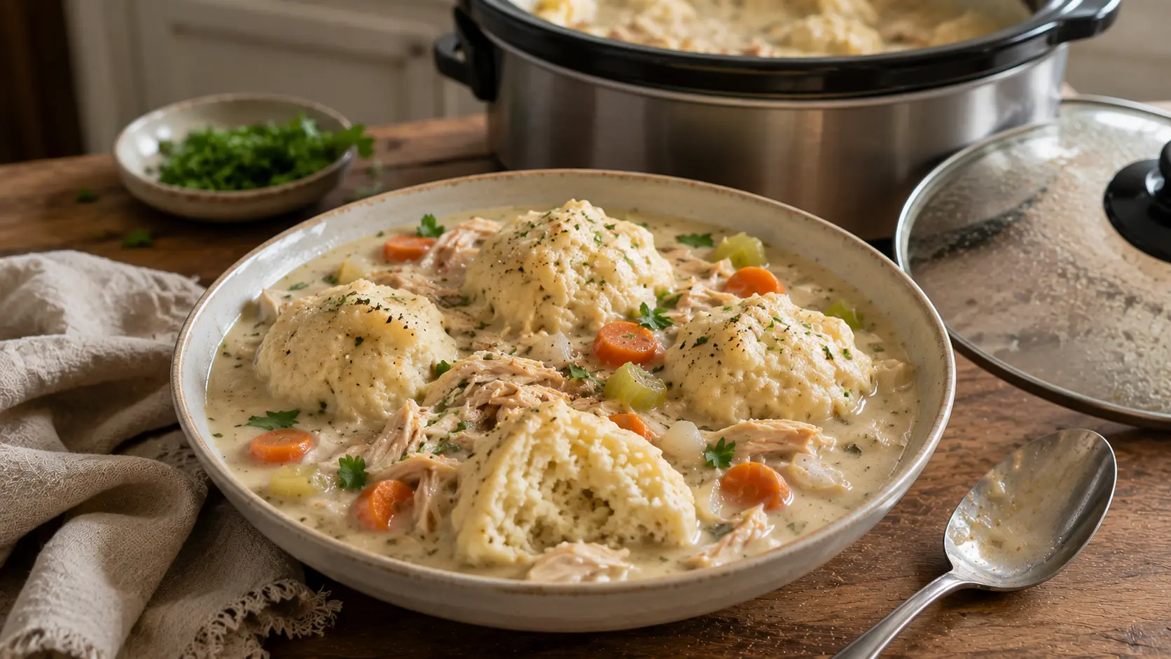 Homemade Crockpot chicken and dumplings with tender shredded chicken, carrots, celery and fluffy drop dumplings in a creamy savory broth.